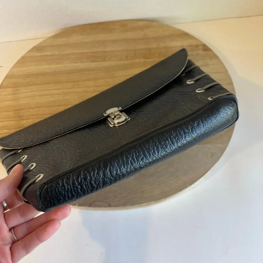 Vintage 90s Black Genuine Leather Weaved Silver Lock Large Clutch Bag